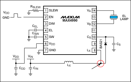 Figure 5. The red circle shows where a scope probe should be placed to detect inductor saturation.