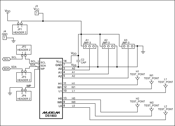 圖2. DS1803數字電位器與PIC控制器的連接