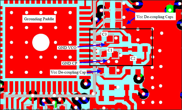 圖6. MAX2827參考設計板上PLL濾波器元件布置和接地示例