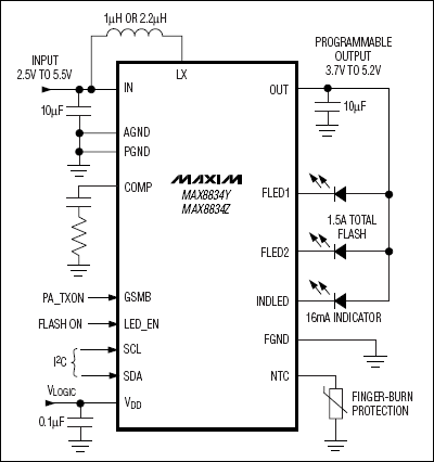 MAX8834、MAX8834Y、MAX8834Z：典型工作電路