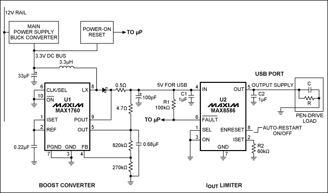 圖1。同時為5V的USB端口，該電路也限制在插入時刻峰值浪涌電流（在USB接口），并限制在500mA的工作電流所需要的端口。