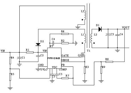 PWM controller + MOSFET實現FLYBACK 示意圖