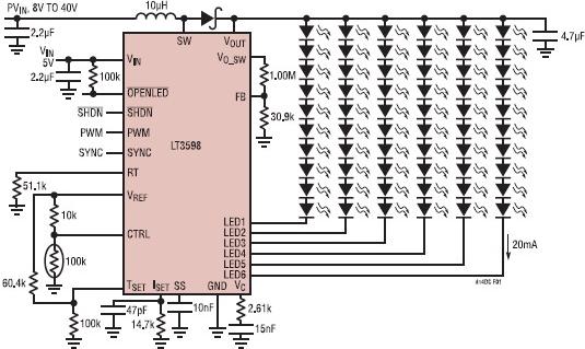 用于驅動60個20mA LED的驅動電路圖