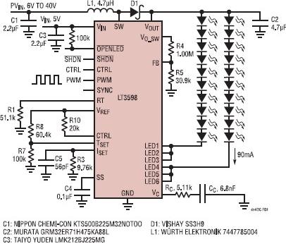 用于驅動兩串90mA LED的驅動電路圖