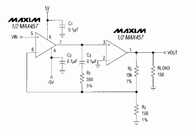  Figure 1. This composite amplifier, based on a dual video-amplifier IC, provides a 40dB gain and 10MHz bandwidth while driving a 150 ohm load.