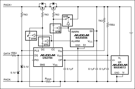 圖1. 在DS2784應(yīng)用電路中加入MAX6506和MAX4613實(shí)現(xiàn)可編程的熱保護(hù)(開關(guān)U1A-U1D表示MAX4613內(nèi)的4個(gè)開關(guān))。