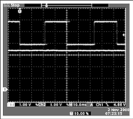 Figure 8. The scope photo on the left is taken at 780 rpm, driving a 48 volt motor. The right trace is taken at 1526 rpm. The square waveform is the tach signal at the TACHO pin of the MAX6650. The straight line is the feedback, taken at the FB pin of the MAX6650. Note that the voltage at the FB pin is more negative than the TACHO pin over the operating range of the fan. This is insured by setting the R3/R4 combination in Figure 7 for slightly more attenuation than the R1/R2 combination.