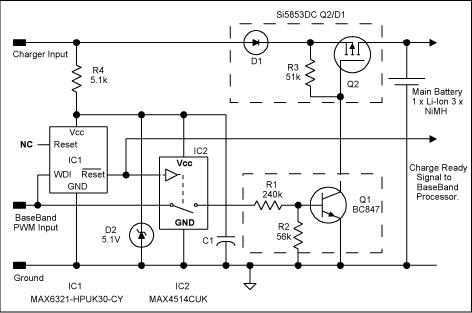 圖2、在圖1電路中添加IC1、IC2，在處理器停止工作時提供電池保護。