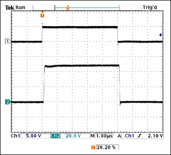 圖3. 圖1測試結果，(1) 控制信號，(2) 在0.25Ω電阻兩端測試的5μs脈沖，電源電壓為50V。