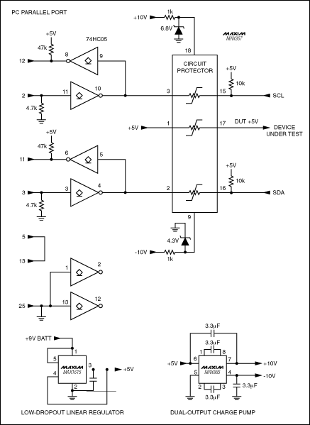 Figure 2. This parallel-port-to-I2C interface provides the open-collector connection to the I2C serial port mandated by the I2C specification. The MAX367 circuit-protector IC keeps voltages that exceed the supply rails from damaging the interface circuitry as well as the parallel port itself.