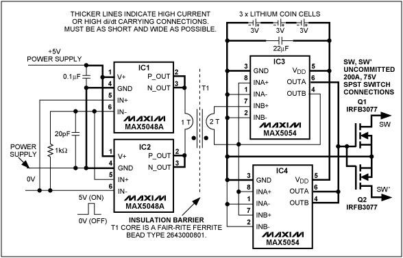 圖1. 該電路利用5V邏輯信號控制獨立的(隔離)功率開關Q1-Q2，能夠處理200A、75V的脈沖信號。