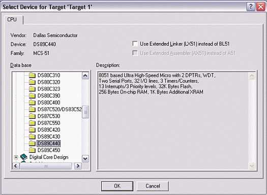 Figure 2.  Selecting the device for a new Keil μVision2 Project