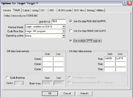 Figure 2. Target option settings for the DS89C430/440/450.