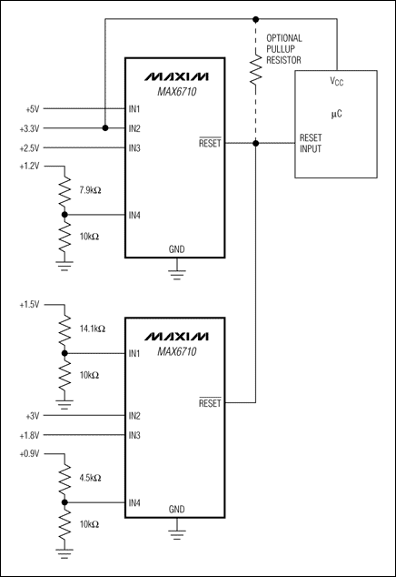 圖1. 利用兩片漏極開路輸出的多電壓監控器監控8路電壓，提供單個復位輸出。