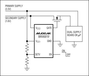 圖5. 主電源上電后，MAX6819接通第二路電源。板上電荷泵增強MOSFET驅動，使其導通電阻最小。