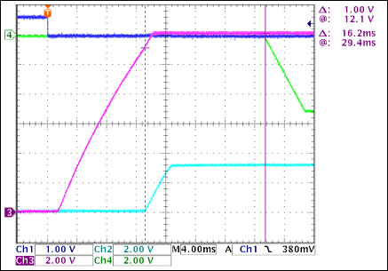 圖3. +3.3V至-5V接通延時，沒有負載Ch1 = Q8BASE, Ch2 = +3.3VOUT, Ch3 = +12VOUT, Ch4 = -5VOUT注釋：+3.3VOUT和-5VOUT之間有16.2ms延時。