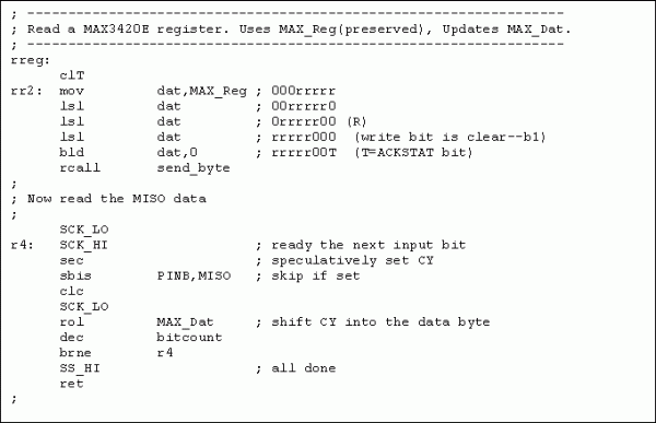 圖9. AtTiny13對(duì)MAX3420E寄存器進(jìn)行讀操作的匯編程序。在此可以調(diào)整SPI接口的時(shí)序以提高光耦的性價(jià)比。