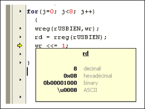 圖10. 采用MAXQ2000微控制器的Rowley CrossStudio開發工具，單步執行，檢查變量值。將光標指向“rd”，其數值會彈出。