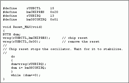 圖9. 復位MAX3420E，在結束前等待OSCOK的實例代碼。