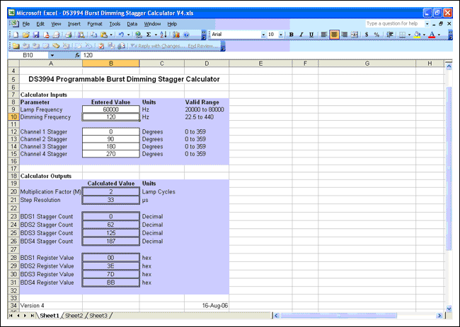 Figure 3. DS3994 burst dimming stagger calculator.