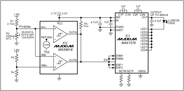 圖1. 電路驅(qū)動一只大功率WLED，當溫度過高以及熱敏電阻發(fā)生開路或短路故障時，將關(guān)閉LED