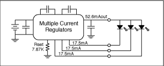 圖4. 白色LED通常有四種不同的驅動電路：(a) 電壓源與鎮流電阻，(b) 電流源與鎮流電阻，(c) 多路電流源，(d) 一路電流源驅動串聯LED。