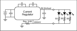 圖4. 白色LED通常有四種不同的驅動電路：(a) 電壓源與鎮流電阻，(b) 電流源與鎮流電阻，(c) 多路電流源，(d) 一路電流源驅動串聯LED。