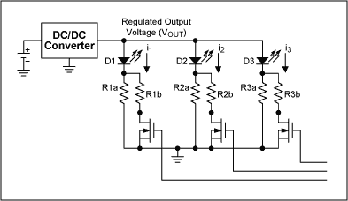 圖10. 用MOSFET控制與R1a至R3a并聯的電阻R1b至R3b，進行亮度調節