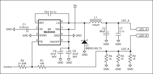 圖1. 通過調節控制電壓(0V至3.9V)，MAX5035 LED電流驅動器能夠在LED_A和LED_K端產生近似350mA至0mA的輸出電流。