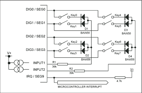 圖1. MAX6959 LED顯示驅(qū)動(dòng)器的標(biāo)準(zhǔn)8鍵連接