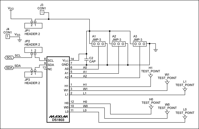 圖2. DS1803數字電位器與PIC控制器的連接