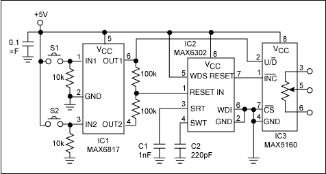 Figure 1. This circuit provides manual up/down control of a digital potentiometer utilizing two pushbutton switches without using a microcontroller.