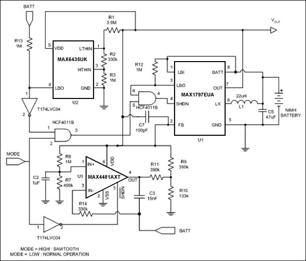 Figure 1. Powered by a single NiMH cell, this circuit output simulates the discharge characteristic of a Li+ battery.