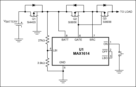 Figure 1. An external p-channel MOSFET (Q1) easily protects this MOSFET driver (U1) against reversed batteries and reversed load current.