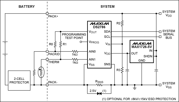 圖1. DS2786在2節Li+/鋰聚合物電池供電系統主機側的應用