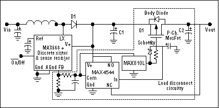 Figure 4. Further embellishments (to Figure 3) add remote-sense regulation and low-voltage detection to the boost converter with load disconnect.