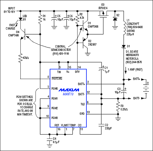 Figure 15. A low-cost battery-charge controller is the heart of a low-dissipation, fast-charge switch-mode circuit. When the battery is fully charged, the circuit shifts automatically to a C/16 trickle charge.