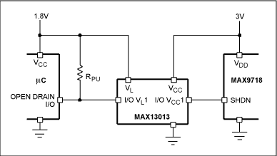 Figure 2. Using the MAX13013 to interface a μC to the MAX9718.