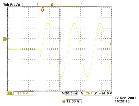 Figure 2. The ringer signal of a typical telephone exceeds 200VP-P (vertical scale is 50V/div).