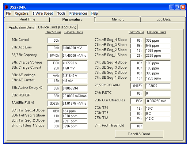 圖2. Parameters表格的Device Units子表格中給出了DS2784實際保存的參數。