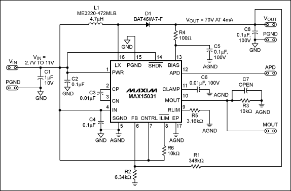 圖1. MAX15031升壓轉換器原理圖，FSW = 400kHz (固定)。