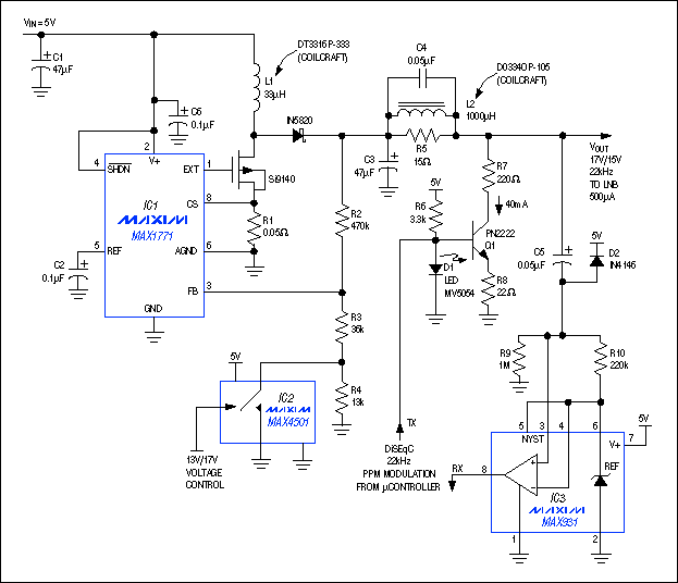 圖1. 本電路設計用于衛星接收器的低噪聲單元，這種DiSEqC兼容的電源通過在13V和17V之間切換供電電壓來實現數據通信。