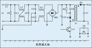 圖2：進(jìn)行過電磁兼容設(shè)計(jì)后的反激式開關(guān)電源電氣原理圖。