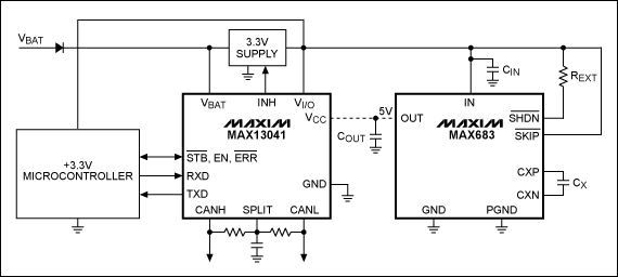 圖2. 采用MAX683電荷泵為MAX13041 CAN收發器供電的電路