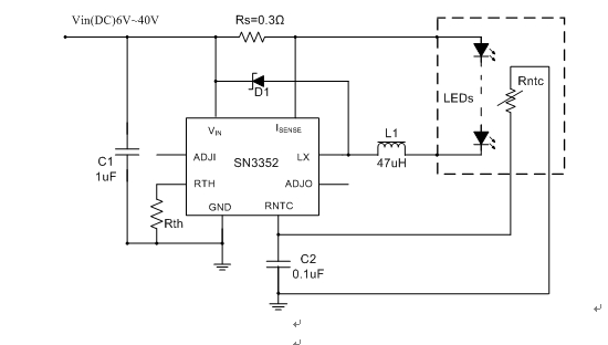 圖3 SN3352 驅(qū)動(dòng)單路LED典型應(yīng)用圖