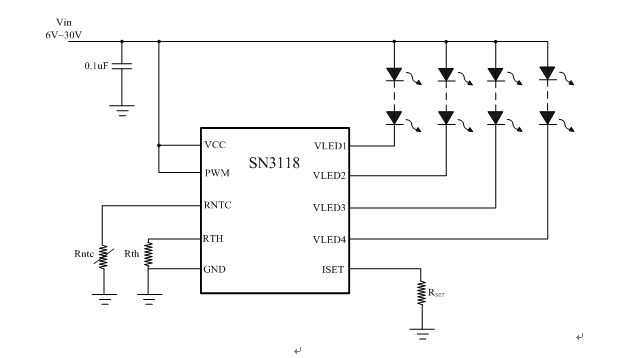 圖6 SN3118驅(qū)動(dòng)LED典型應(yīng)用圖