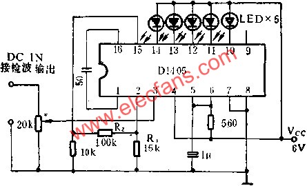 D1405集成電路作直流電平指示器的應用電路圖  m.1cnz.cn