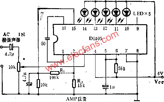 D1405電平指示驅動電路作竟音量表的應用電路圖  m.1cnz.cn