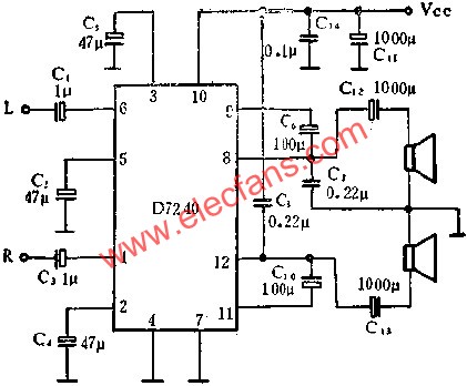 D7240音頻功率放大電路作立體聲功率放大的應(yīng)用  m.1cnz.cn