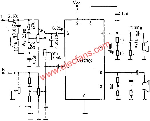 XG2009作雙聲道音頻功率放大電路的應用  m.1cnz.cn